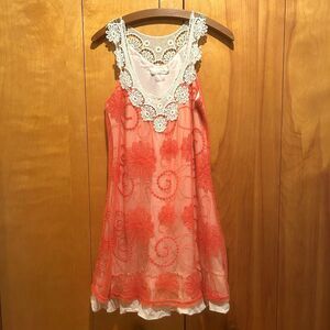 A'reve Crochet & Mesh‎ Lace Overlay Mini Dress-Sz M-Reddish Orange-Boho